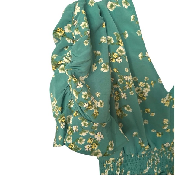 Floral Cottagecore Bluish Turquoise Blouse with Ruffle Sleeves, Size Medium - Picture 3 of 7